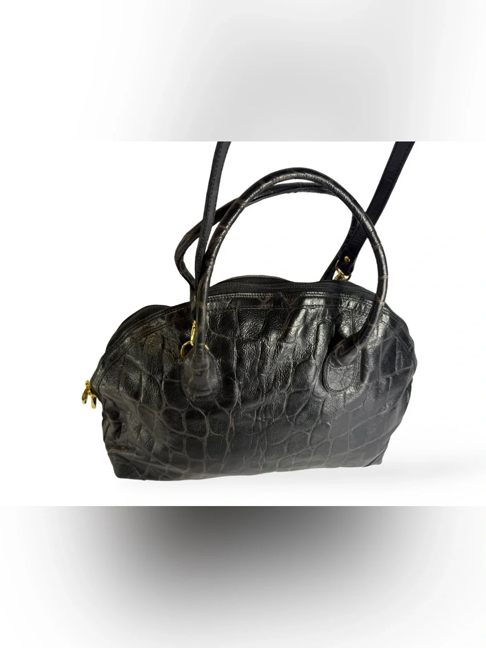 Black Croc-Embossed Dome Satchel with Dual Handles